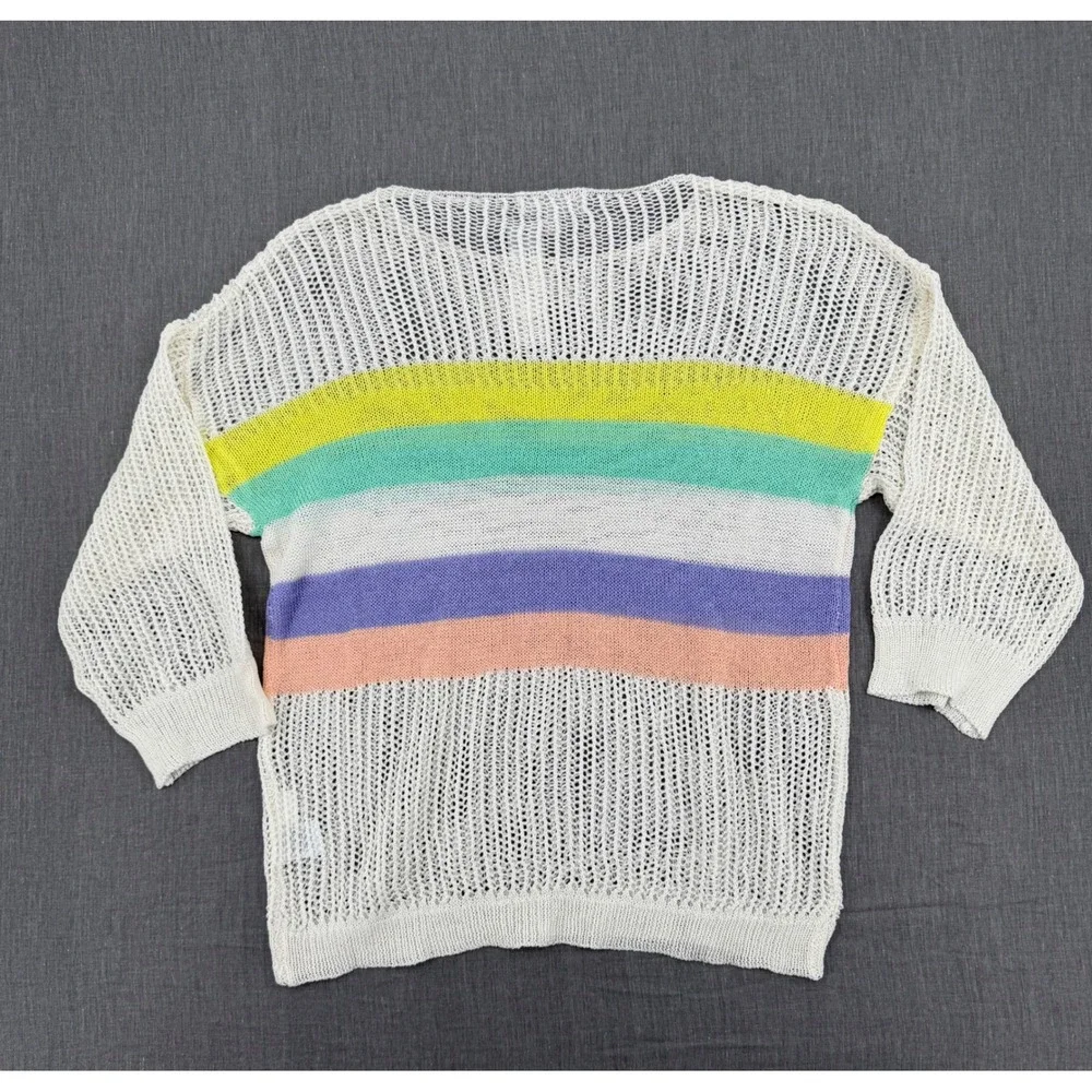 Honey & T Francescas Rainbow Stripe Open Weave‎ Knit Sweater Cream Medium NEW